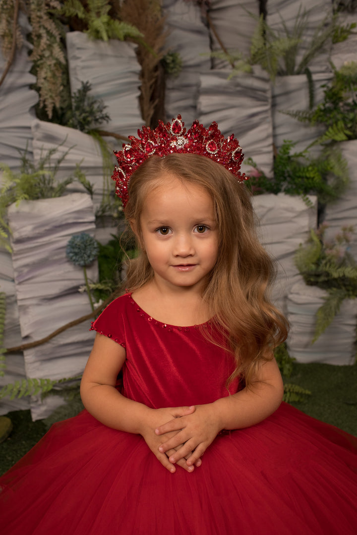 TinyTulle Elegant Red Velvet Tulle Flower Girl Ball Gown Dress with Bow
