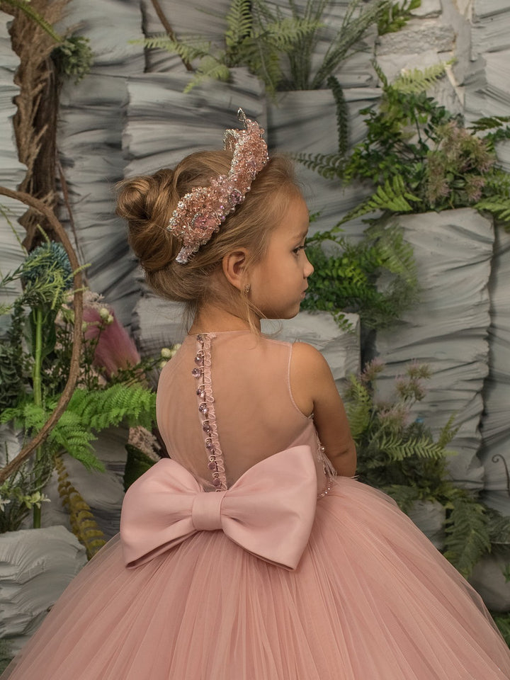 TinyTulle Rose Pink Sleeveless Tulle Flower Girl Dress with Lace Appliqué and Bow
