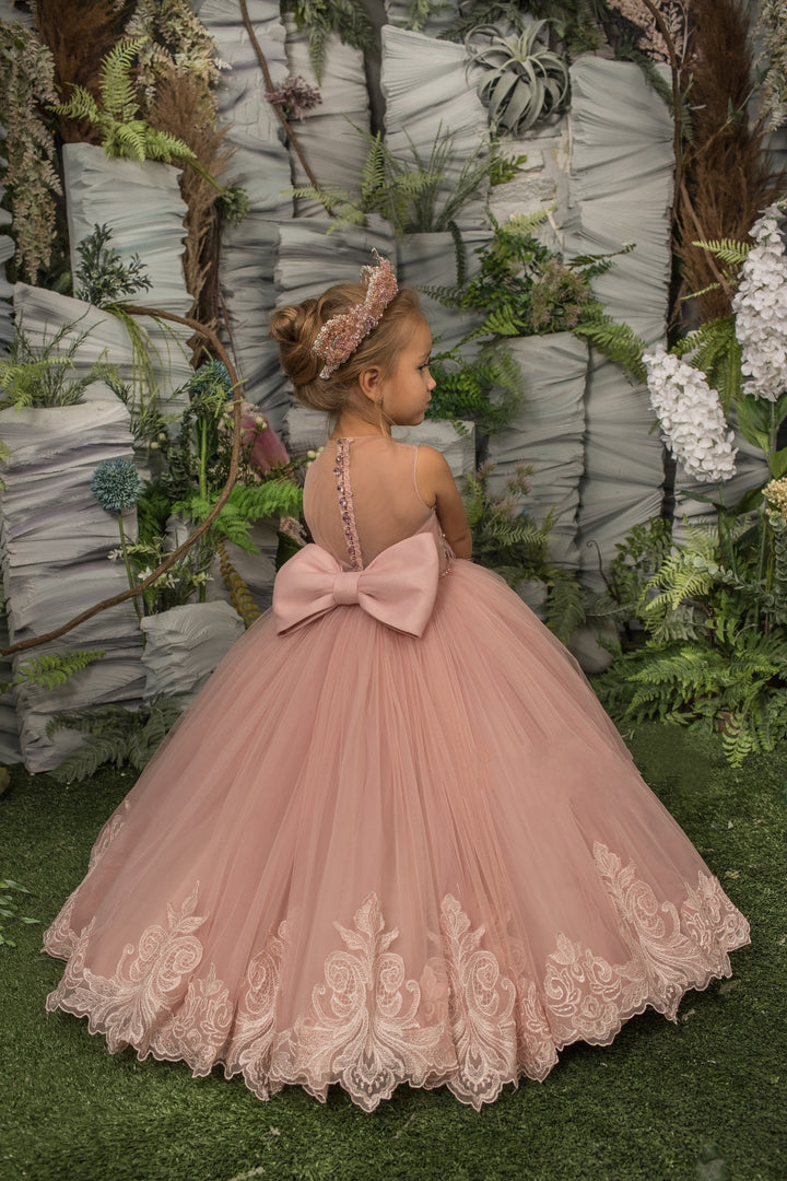 TinyTulle Rose Pink Sleeveless Tulle Flower Girl Dress with Lace Appliqué and Bow