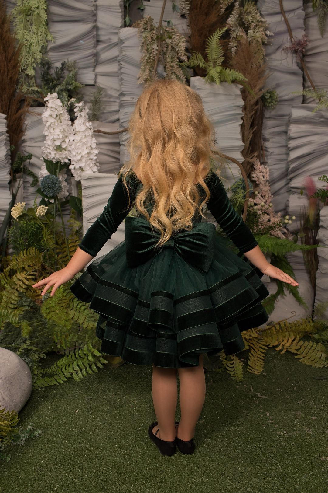 TinyTulle Elegant Emerald Green Velvet Flower Girl Dress with Layered Ruffle Skirt