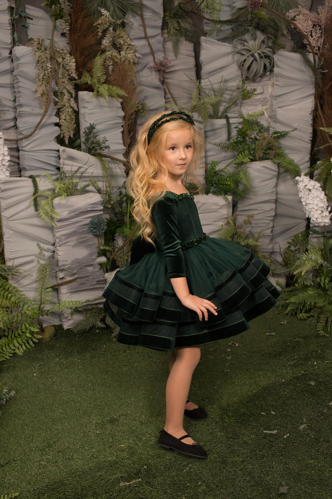 TinyTulle Elegant Emerald Green Velvet Flower Girl Dress with Layered Ruffle Skirt