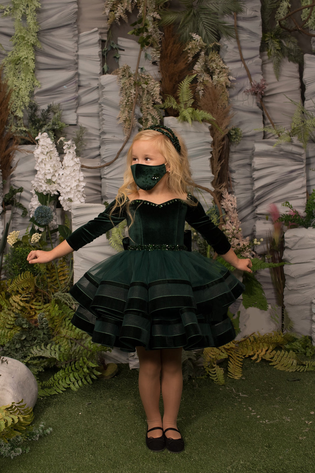 TinyTulle Elegant Emerald Green Velvet Flower Girl Dress with Layered Ruffle Skirt
