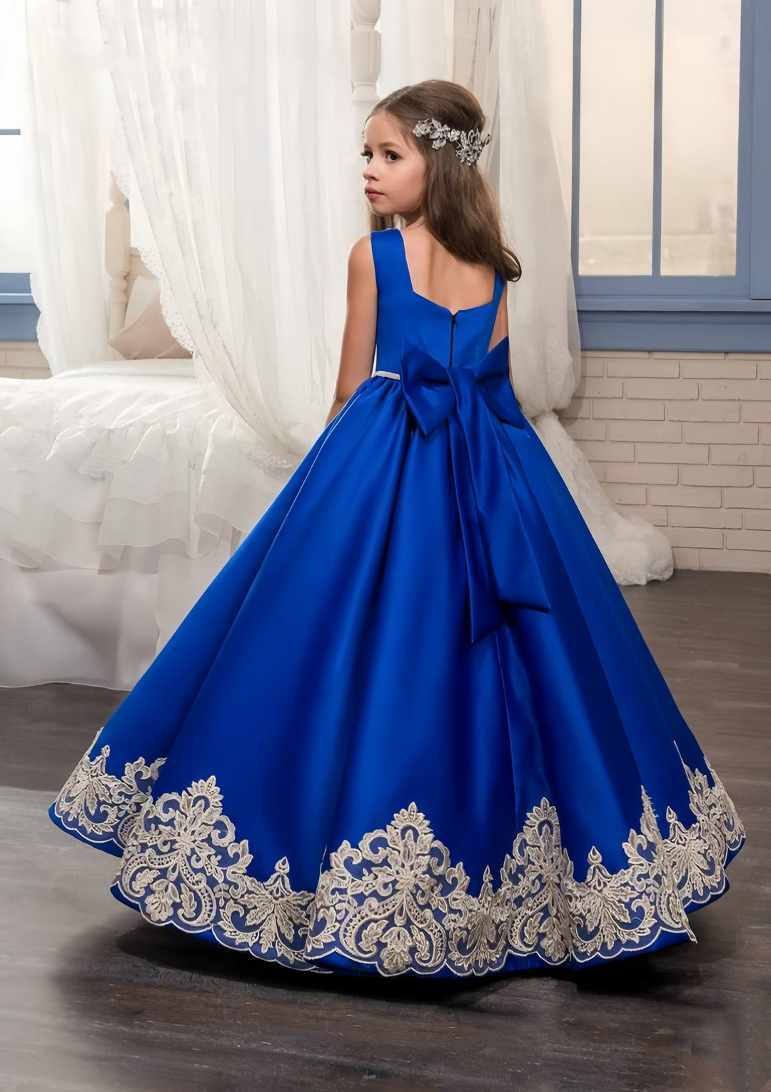 TinyTulle Royal Blue Satin Lace Appliqué Flower Girl Dress with Bow Detail