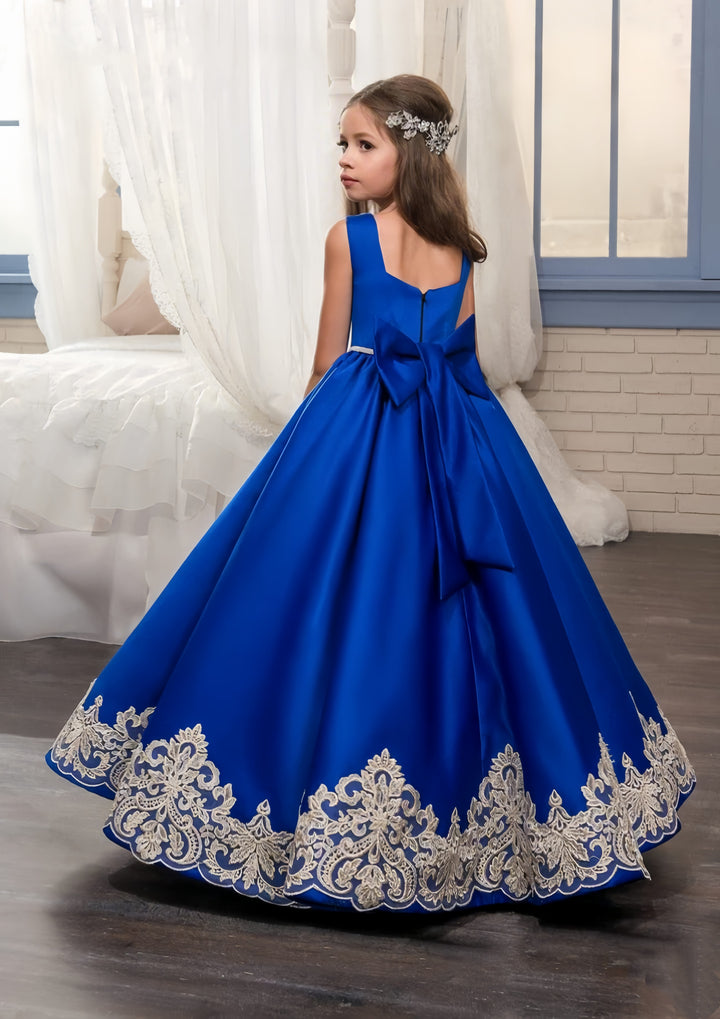 TinyTulle Royal Blue Satin Lace Appliqué Flower Girl Dress with Bow Detail