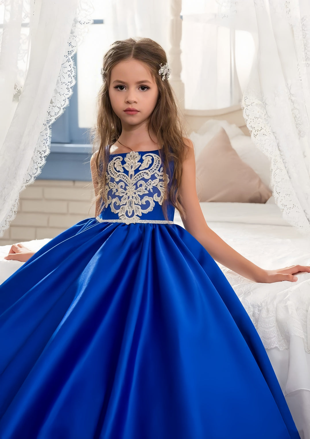 TinyTulle Royal Blue Satin Lace Appliqué Flower Girl Dress with Bow Detail
