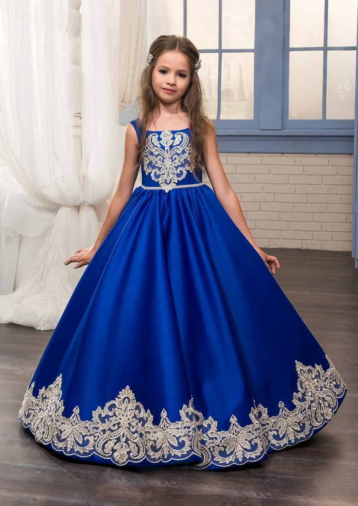 TinyTulle Royal Blue Satin Lace Appliqué Flower Girl Dress with Bow Detail