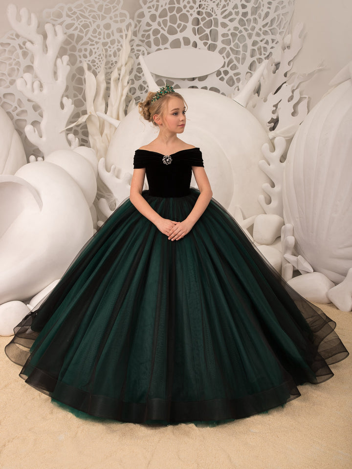 TinyTulle Off-Shoulder Emerald Green &amp; Black Velvet Tulle Flower Girl Dress