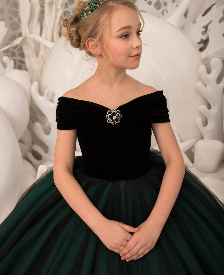 TinyTulle Off-Shoulder Emerald Green &amp; Black Velvet Tulle Flower Girl Dress
