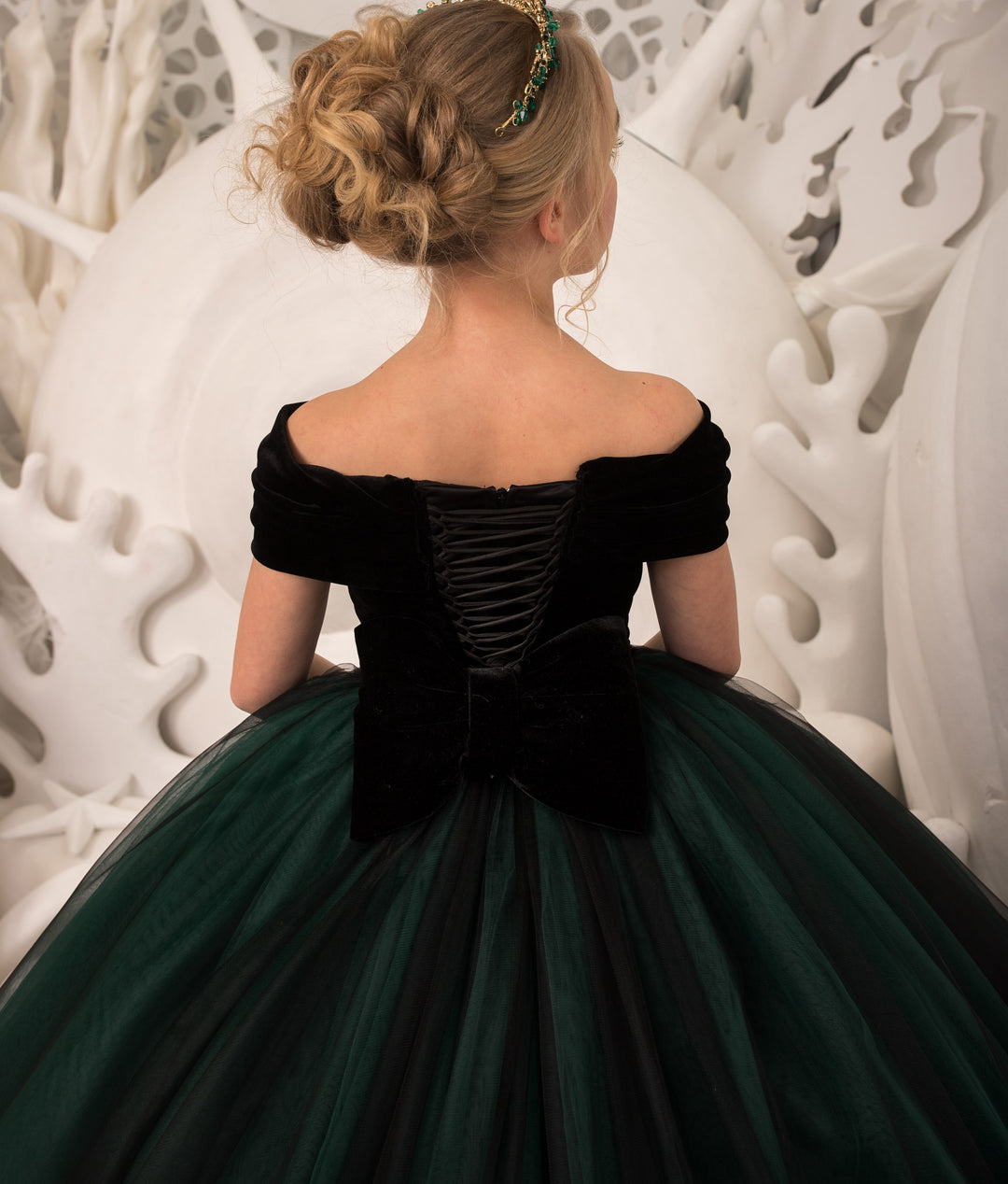 TinyTulle Off-Shoulder Emerald Green &amp; Black Velvet Tulle Flower Girl Dress