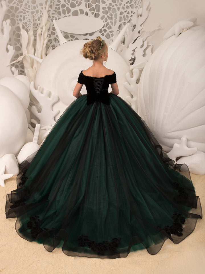 TinyTulle Off-Shoulder Emerald Green &amp; Black Velvet Tulle Flower Girl Dress