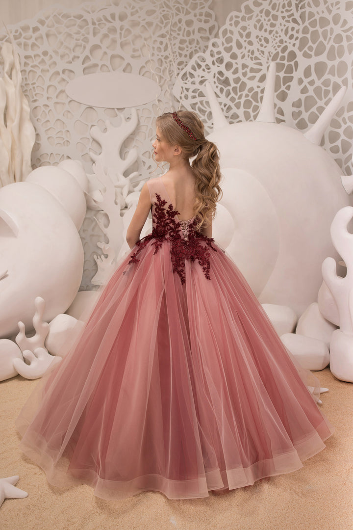 TinyTulle Dusty Rose Floral Lace Tulle Princess Flower Girl Dress
