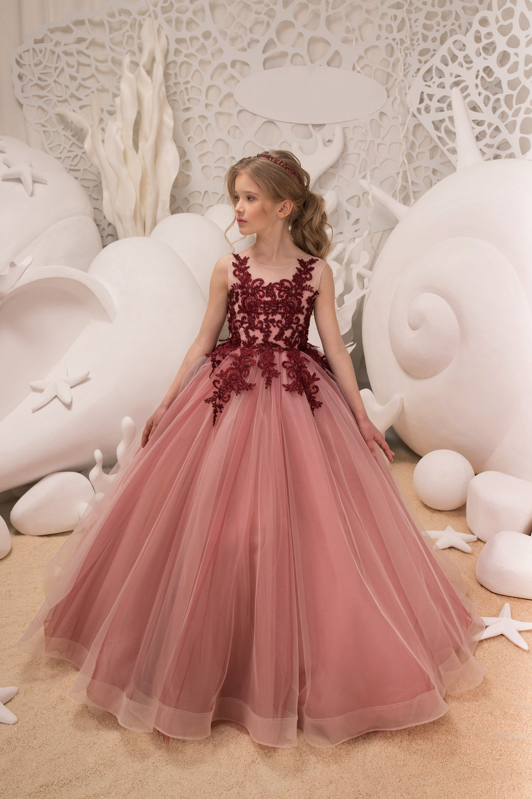 TinyTulle Dusty Rose Floral Lace Tulle Princess Flower Girl Dress