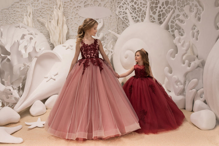 TinyTulle Dusty Rose Floral Lace Tulle Princess Flower Girl Dress