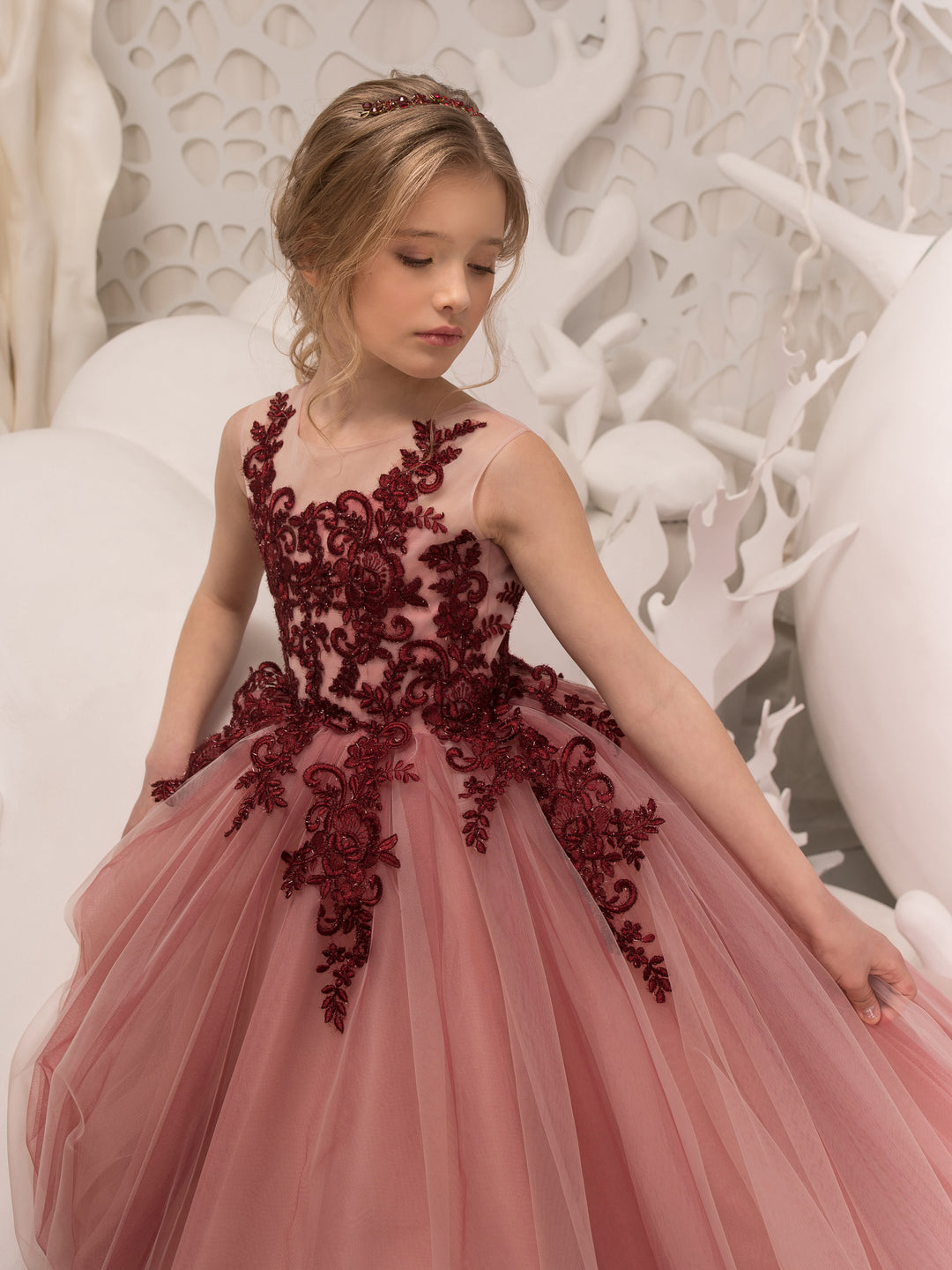 TinyTulle Dusty Rose Floral Lace Tulle Princess Flower Girl Dress