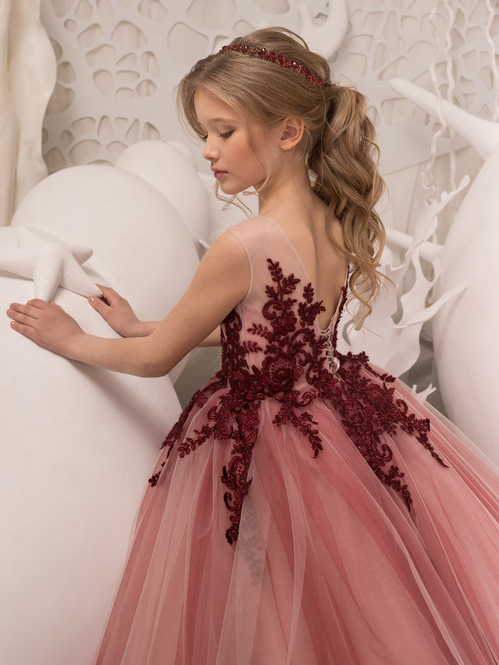 TinyTulle Dusty Rose Floral Lace Tulle Princess Flower Girl Dress