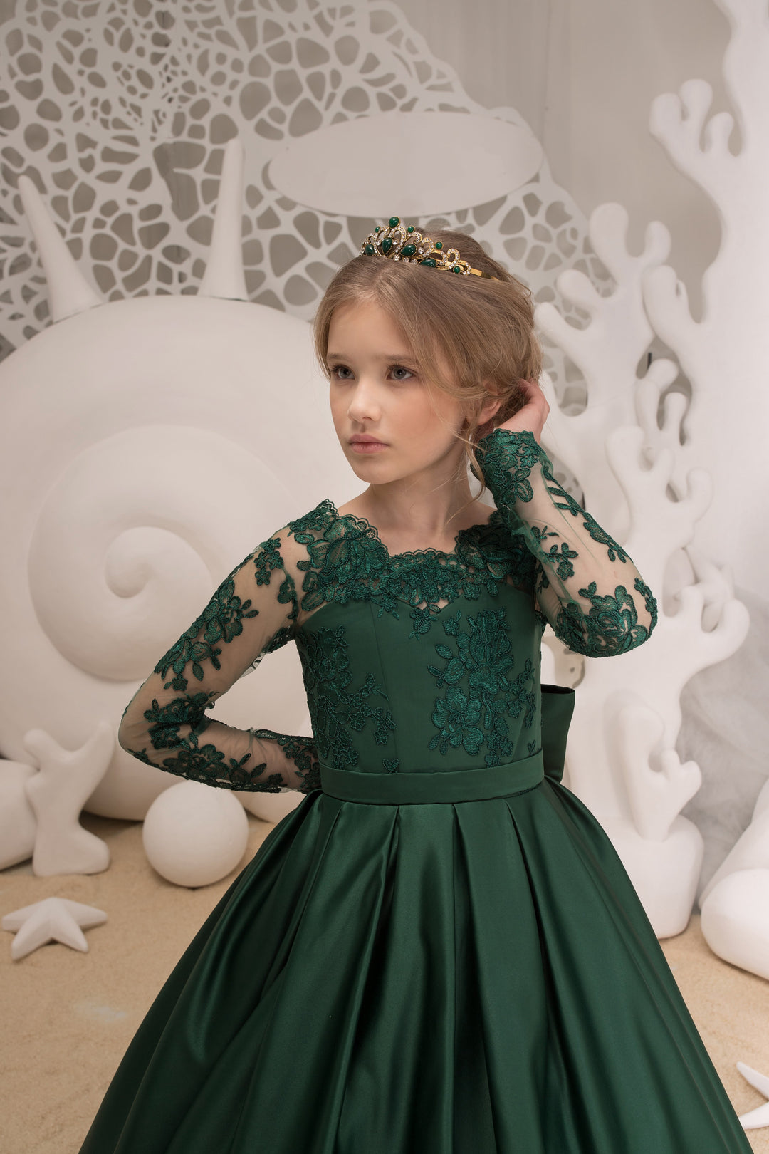 TinyTulle Elegant Emerald Green Lace Satin Flower Girl Dress with Long Sleeves &amp; Bow