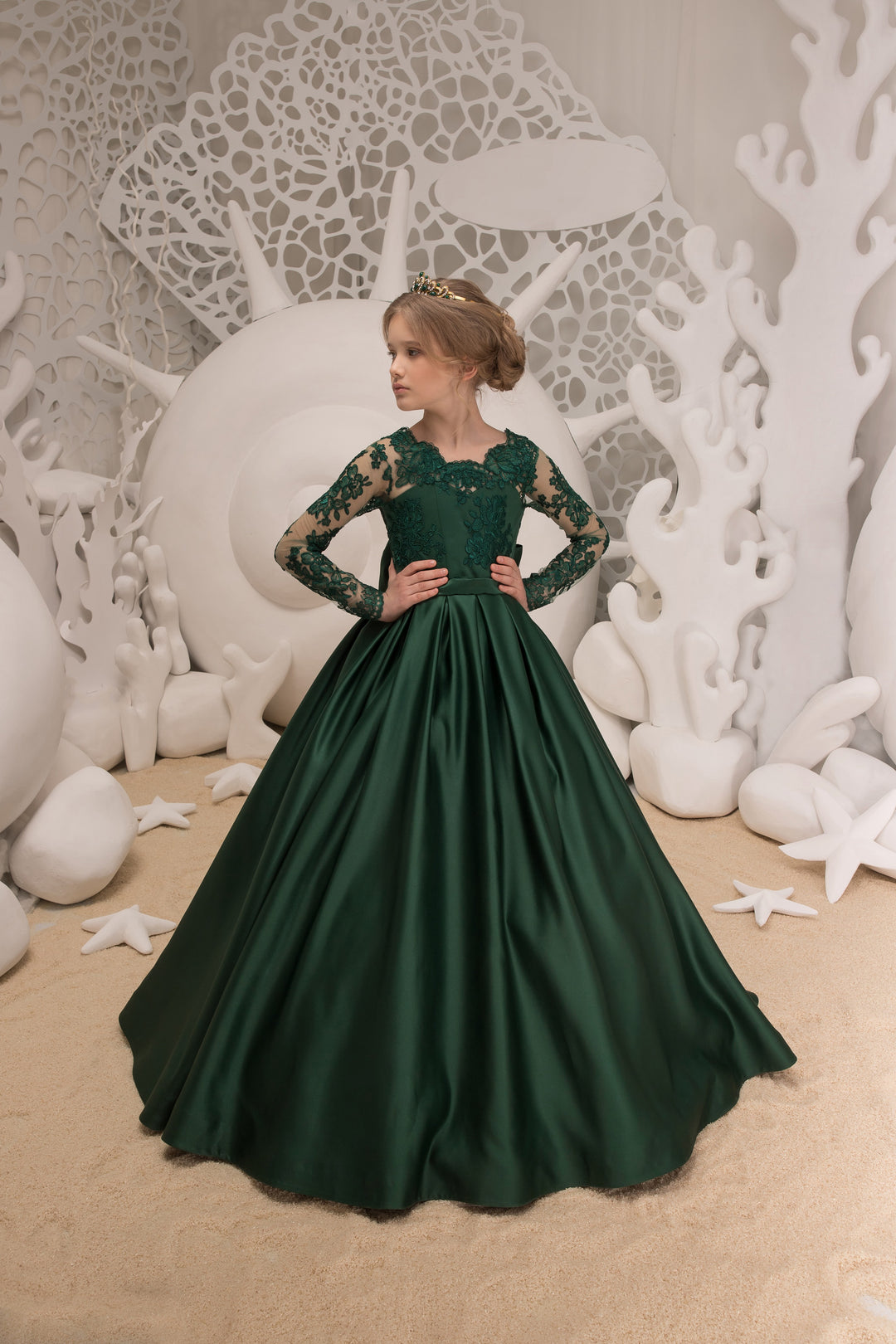TinyTulle Elegant Emerald Green Lace Satin Flower Girl Dress with Long Sleeves & Bow