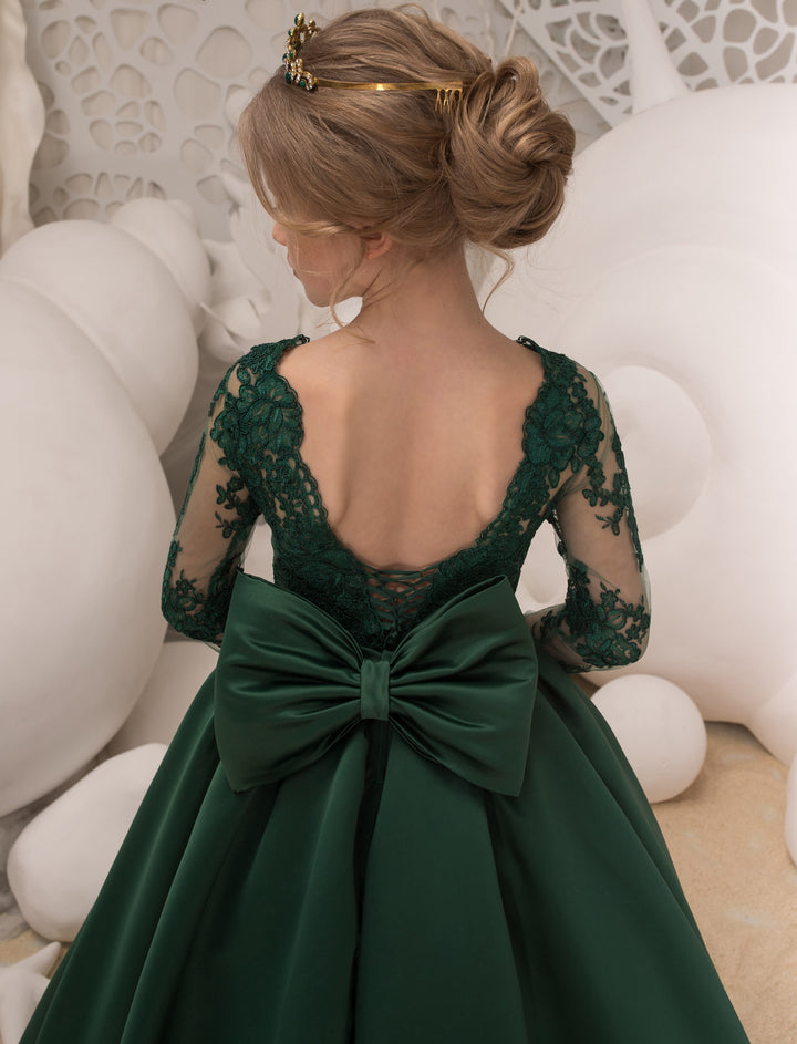 TinyTulle Elegant Emerald Green Lace Satin Flower Girl Dress with Long Sleeves &amp; Bow