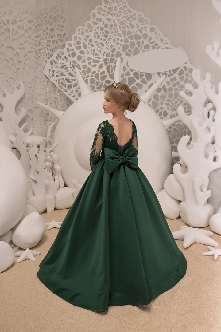 TinyTulle Elegant Emerald Green Lace Satin Flower Girl Dress with Long Sleeves &amp; Bow