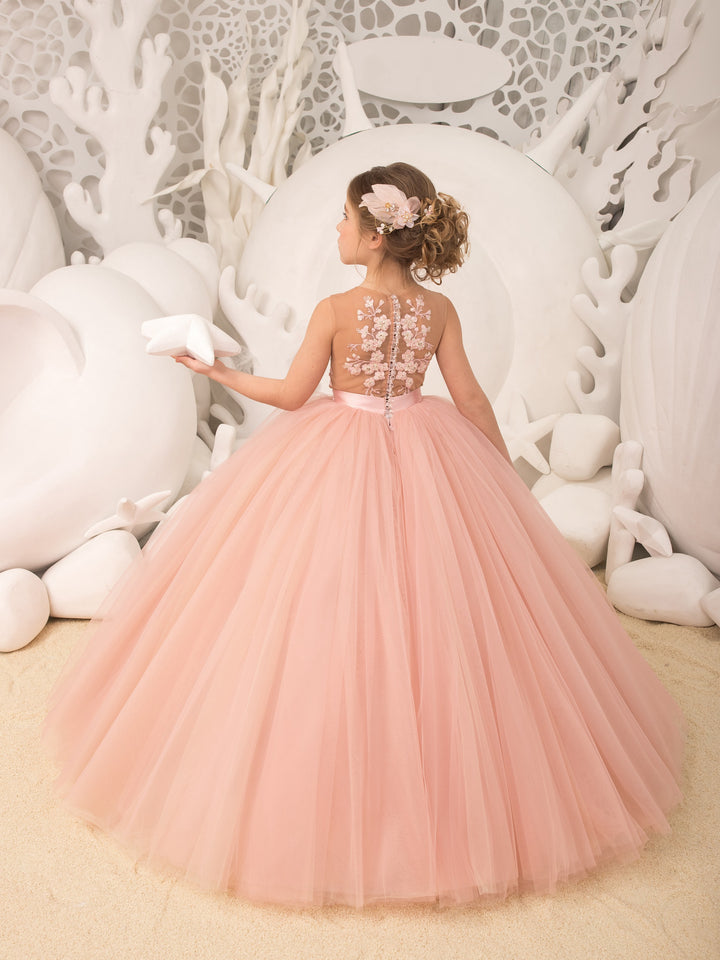 TinyTulle Blush Pink Floral Lace Tulle Flower Girl Dress with Full Skirt