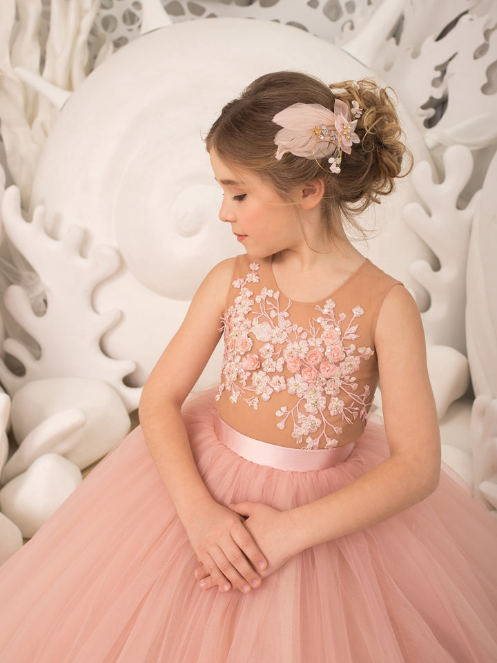 TinyTulle Blush Pink Floral Lace Tulle Flower Girl Dress with Full Skirt