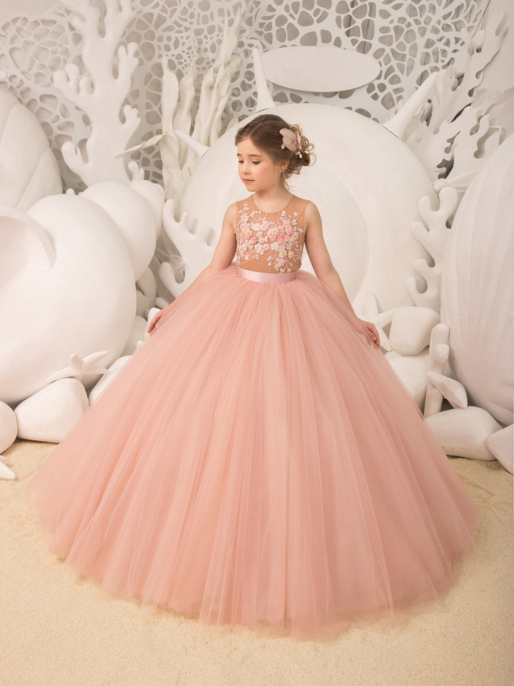 TinyTulle Blush Pink Floral Lace Tulle Flower Girl Dress with Full Skirt