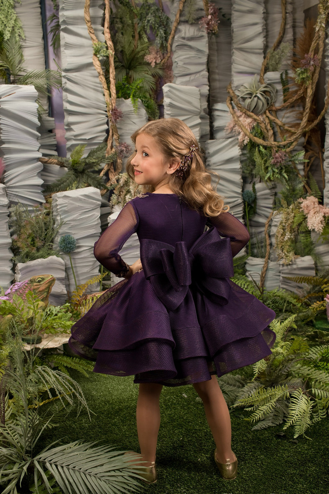 TinyTulle Elegant Dark Purple Embroidered Appliqué Tulle Princess Flower Girl Dress with Bow