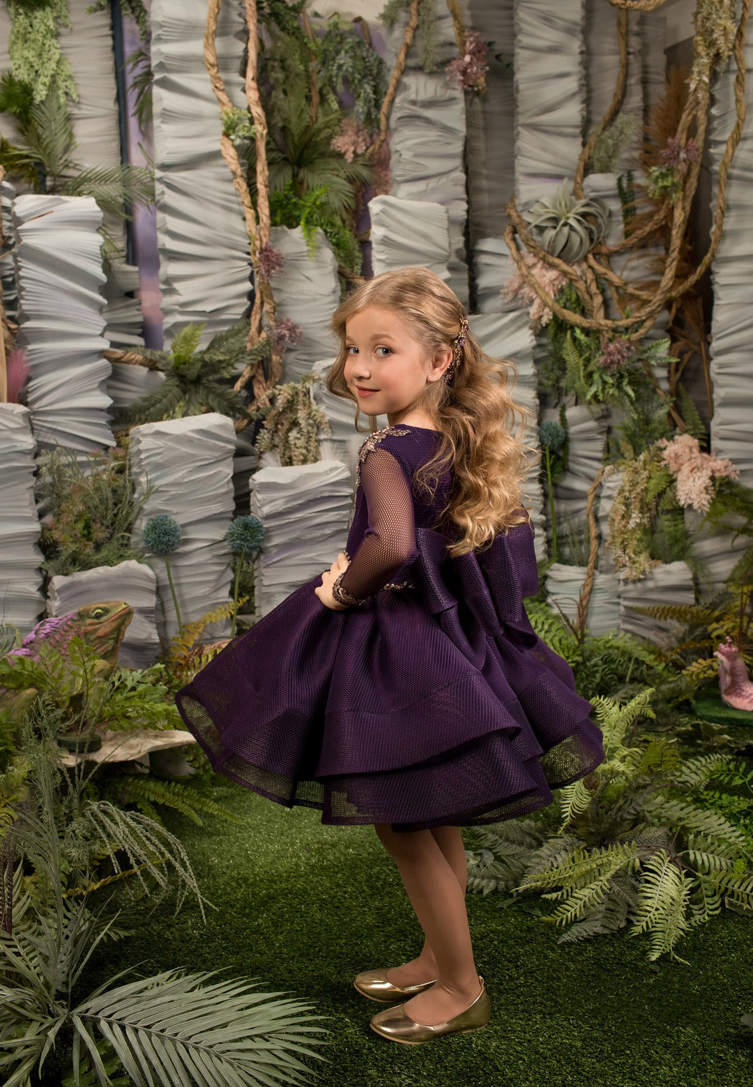 TinyTulle Elegant Dark Purple Embroidered Appliqué Tulle Princess Flower Girl Dress with Bow