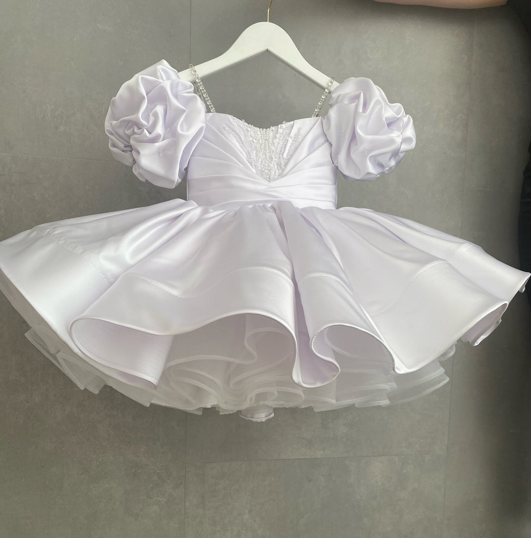 TinyTulle Elegant Sage Satin Puff Sleeve Ball Gown Flower Girl Dress