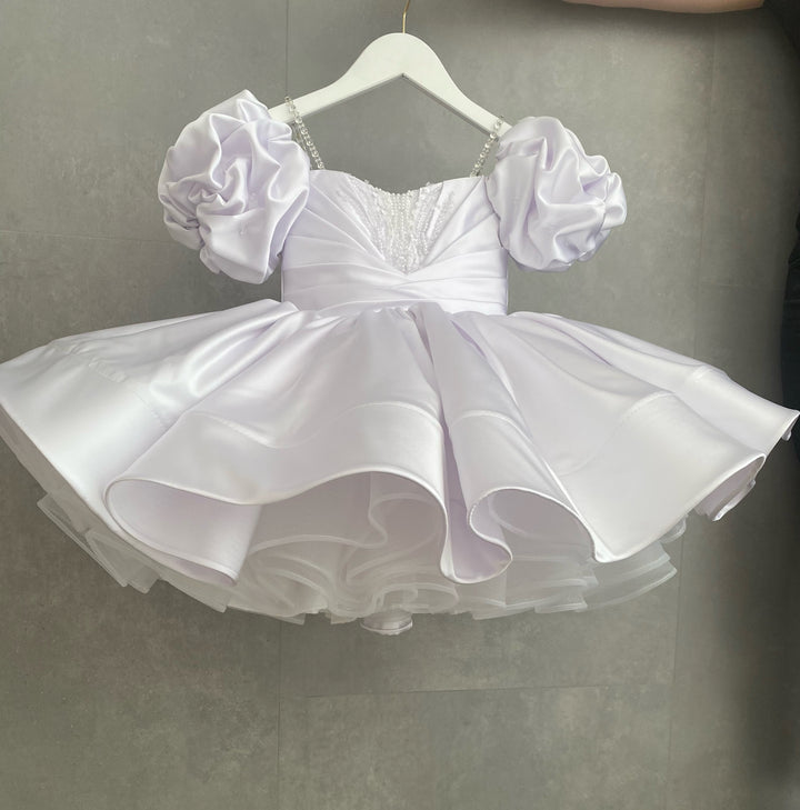 TinyTulle Elegant Sage Satin Puff Sleeve Ball Gown Flower Girl Dress