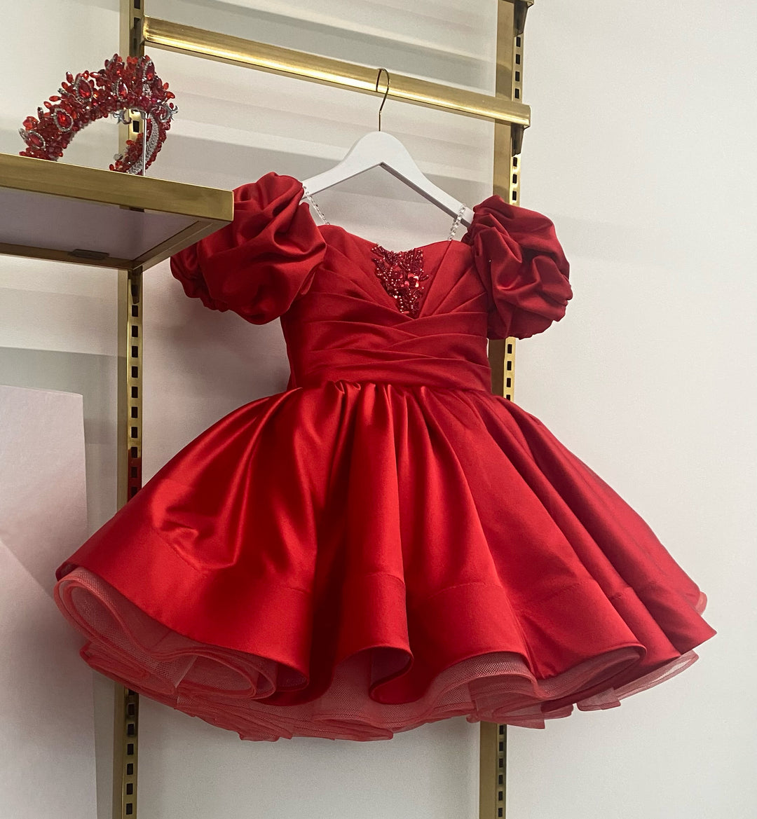 TinyTulle Elegant Sage Satin Puff Sleeve Ball Gown Flower Girl Dress