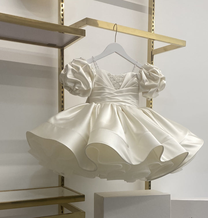 TinyTulle Elegant Sage Satin Puff Sleeve Ball Gown Flower Girl Dress