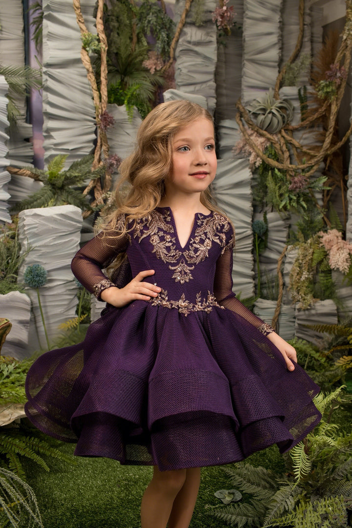 TinyTulle Elegant Dark Purple Embroidered Appliqué Tulle Princess Flower Girl Dress with Bow