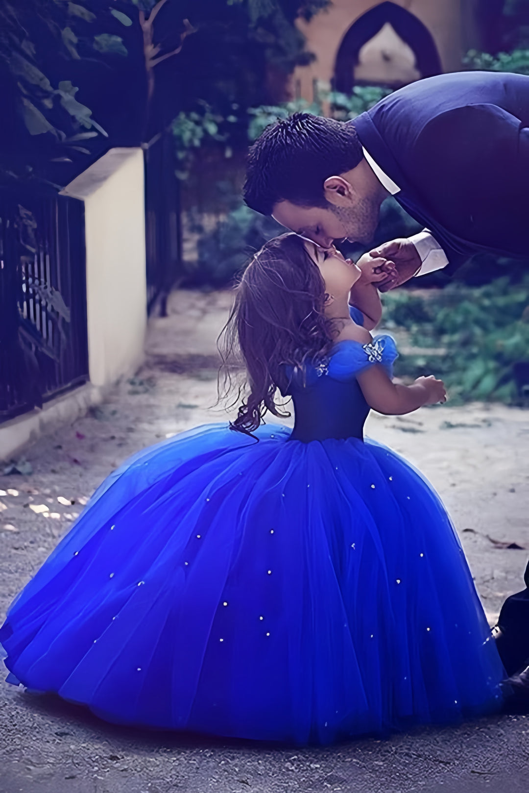 TinyTulle Royal Blue Off-Shoulder Tulle Flower Girl Dress with Beaded