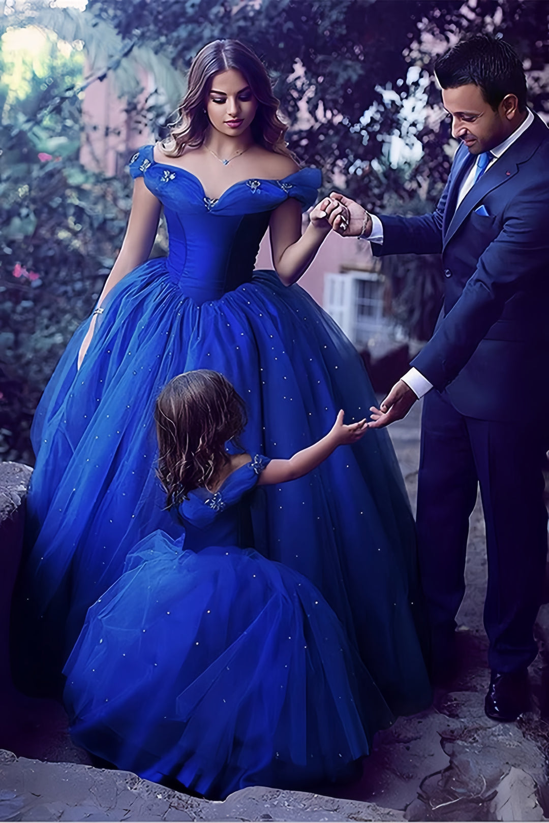 TinyTulle Royal Blue Off-Shoulder Tulle Flower Girl Dress with Beaded