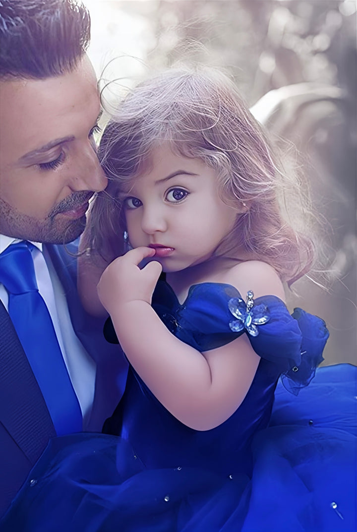 TinyTulle Royal Blue Off-Shoulder Tulle Flower Girl Dress with Beaded