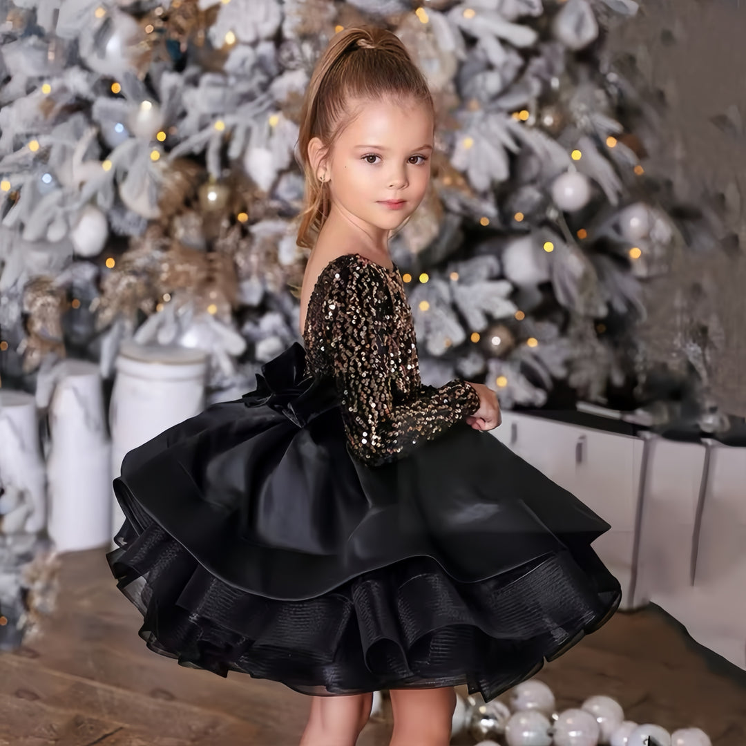 TinyTulle Black Flower Girl Dress Satin with Gold Sequins Long Sleeve Party Dress