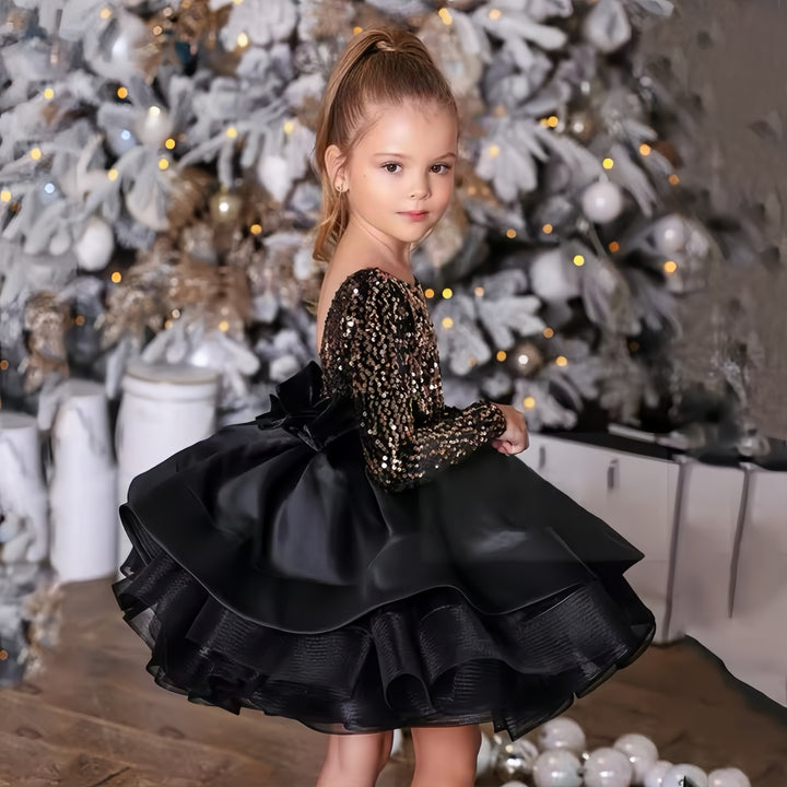 TinyTulle Black Flower Girl Dress Satin with Gold Sequins Long Sleeve Party Dress