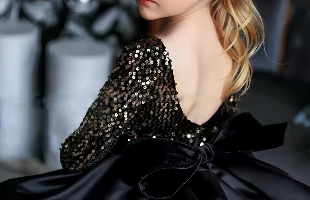 TinyTulle Black Flower Girl Dress Satin with Gold Sequins Long Sleeve Party Dress