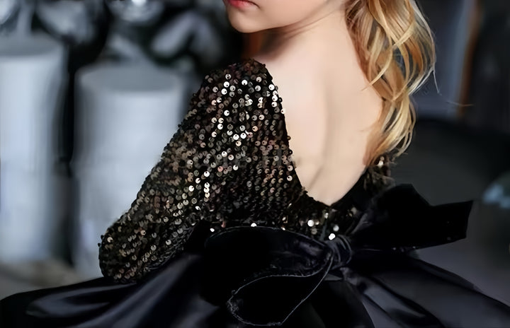 TinyTulle Black Flower Girl Dress Satin with Gold Sequins Long Sleeve Party Dress