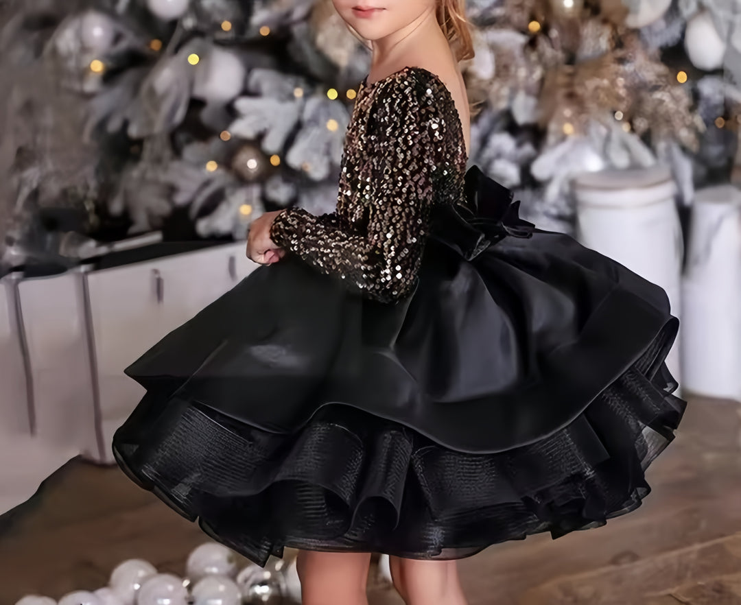 TinyTulle Black Flower Girl Dress Satin with Gold Sequins Long Sleeve Party Dress