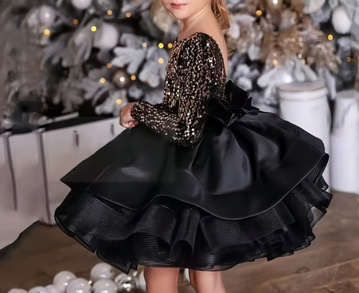 TinyTulle Black Flower Girl Dress Satin with Gold Sequins Long Sleeve Party Dress