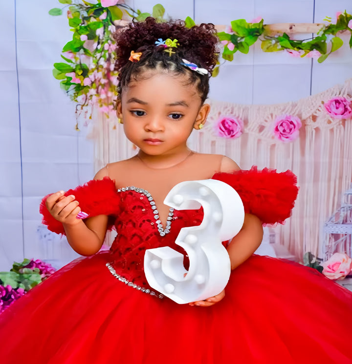 TinyTulle Red Off-Shoulder Tulle Ball Gown Flower Girl Dress for Pageant