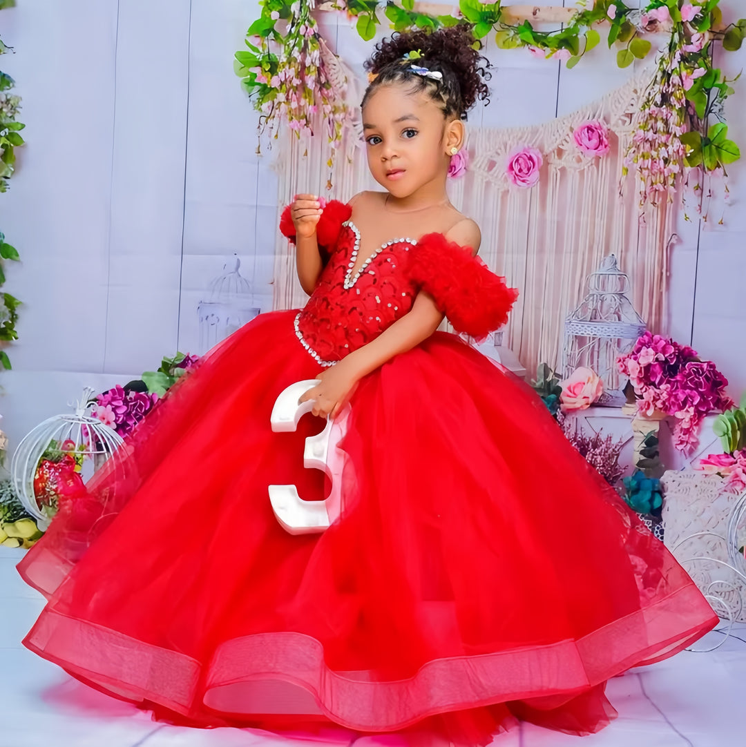 TinyTulle Red Off-Shoulder Tulle Ball Gown Flower Girl Dress for Pageant