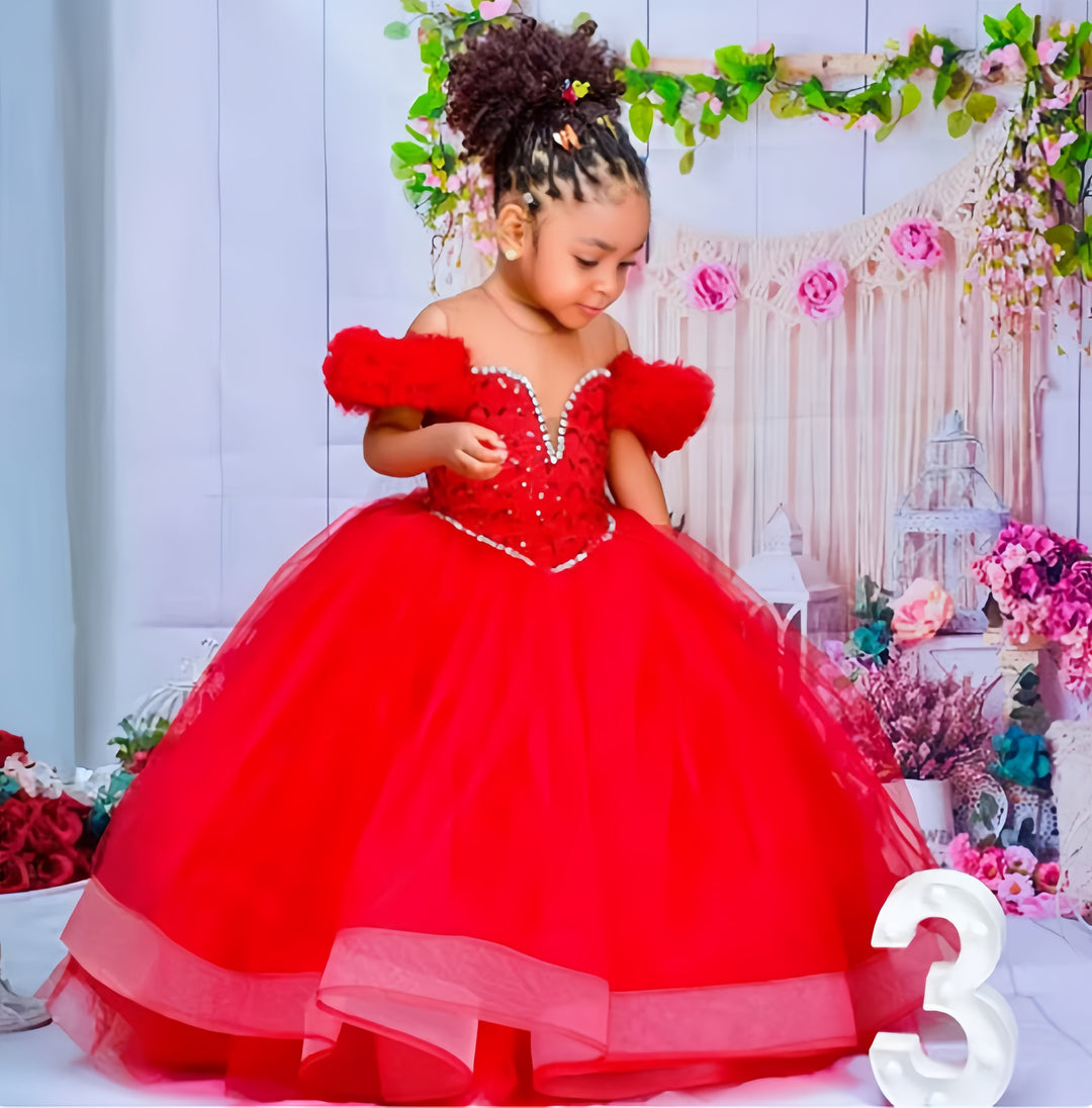 TinyTulle Red Off-Shoulder Tulle Ball Gown Flower Girl Dress for Pageant