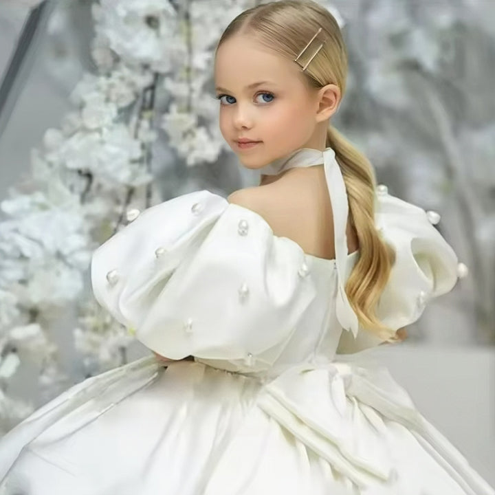 TinyTulle Ivory Puff Sleeve Satin Ball Gown Flower Girl Dresses with Bow