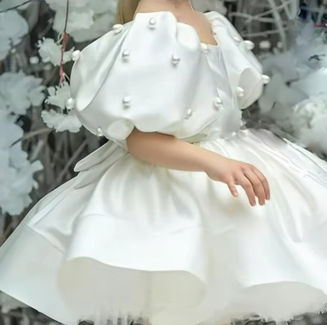 TinyTulle Ivory Puff Sleeve Satin Ball Gown Flower Girl Dresses with Bow