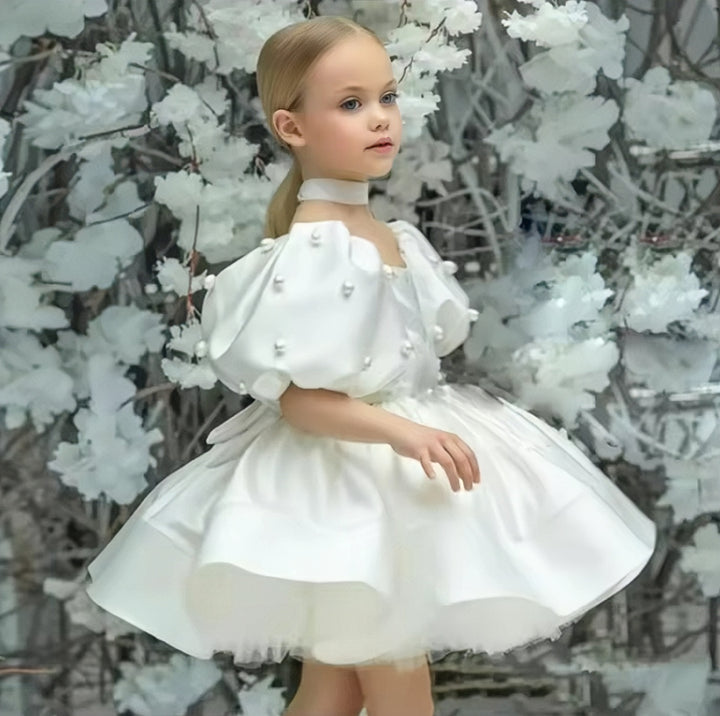 TinyTulle Ivory Puff Sleeve Satin Ball Gown Flower Girl Dresses with Bow