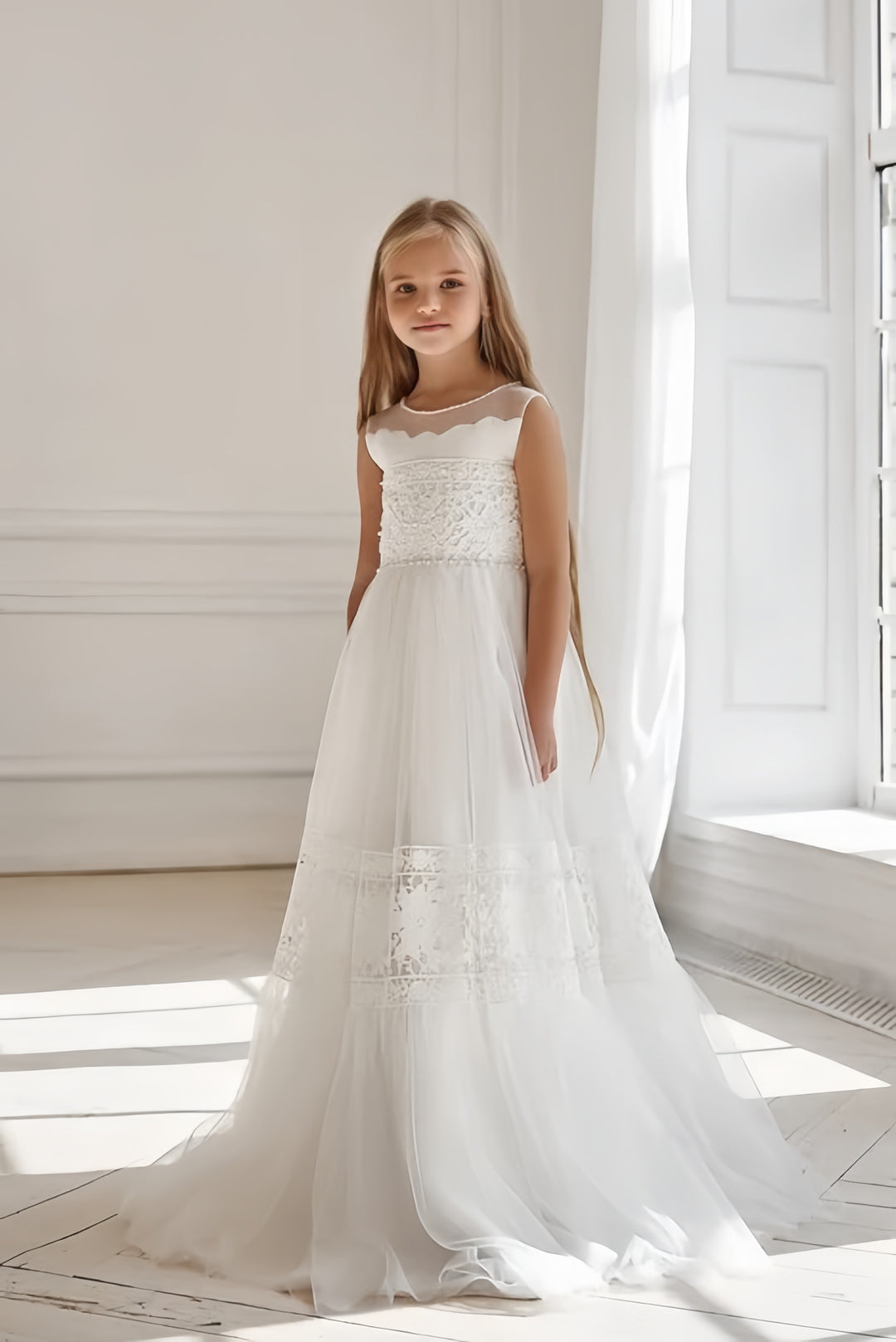 TinyTulle Elegant Ivory Sleeveless Lace A-Line Floor-Length Flower Girl Dress