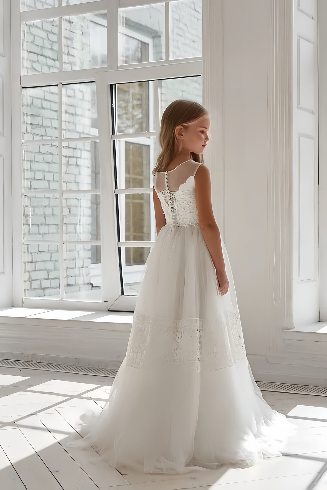 TinyTulle Elegant Ivory Sleeveless Lace A-Line Floor-Length Flower Girl Dress